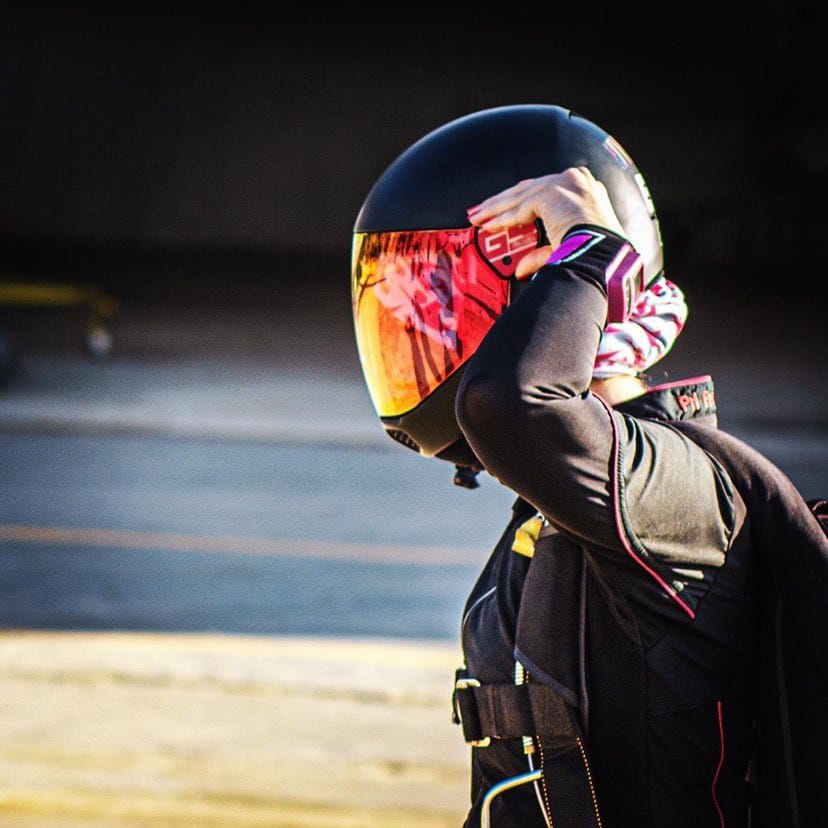 Skydiver wearing a black Cookie G4 skydiving helmet